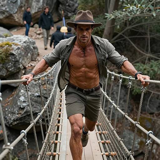 Adventurous Runner on a Rope Bridge
