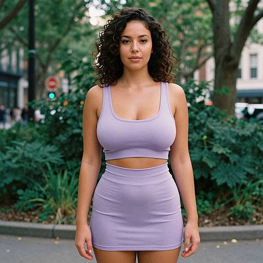 Photograph of a curvy, dark-haired woman with medium skin tone, wearing a lavender crop top and matching high-waisted mini skirt, standing