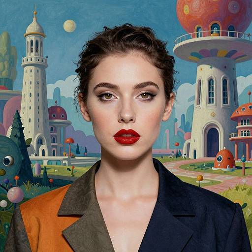 Digital artwork of a fair-skinned woman with red lipstick and dark hair, wearing an orange and black jacket, in a surreal, colorful, whimsical