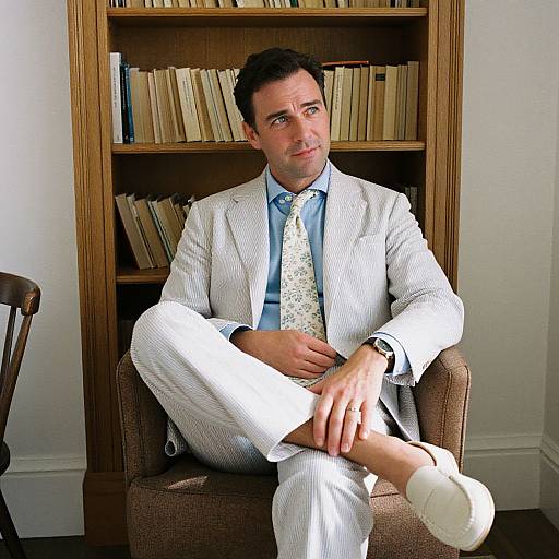 Photograph of a middle-aged man with short dark hair in a white pinstripe suit, light blue shirt, floral tie, and white loafers