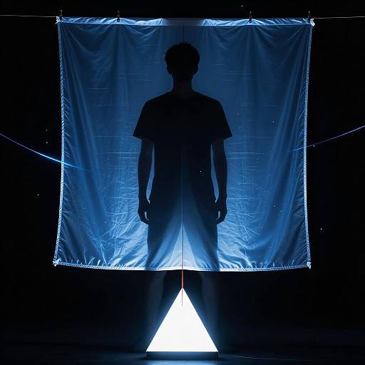 Silhouette of a Man Behind Blue Curtain