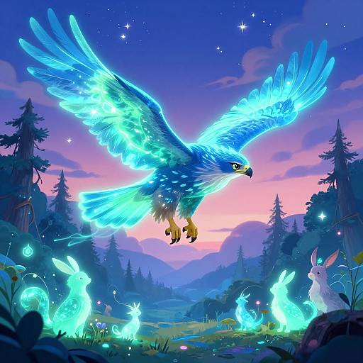 Digital art: Luminescent blue eagle with glowing wings soars above glowing blue bunnies in a twilight forest, surrounded by stars and magical light