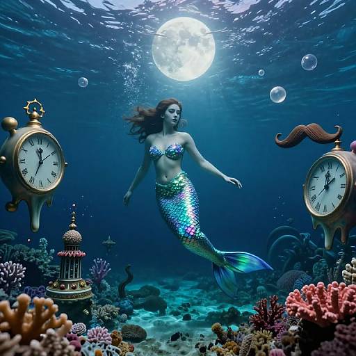 Photograph-style digital art of a shimmering mermaid with red hair, blue scales, and a topless upper body, swimming underwater beside two clock
