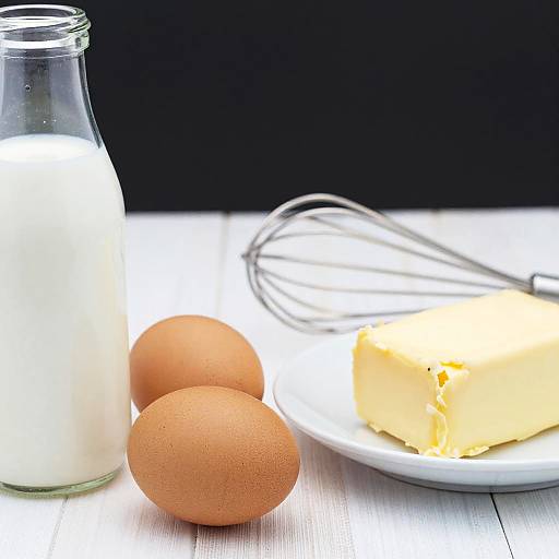 Photograph of milk bottle, two brown eggs, butter block, and whisk on white wooden surface with black background.