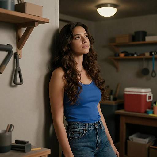 Contemplative Woman in Cluttered Workshop
