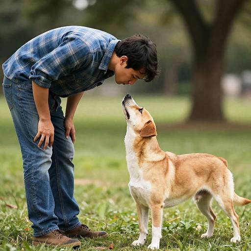 Man and Dog Bonding in Sunlit Field