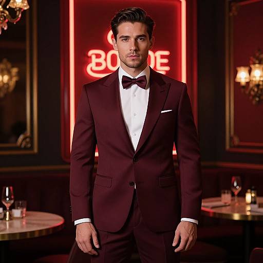 Dapper Man in Maroon Suit with Neon