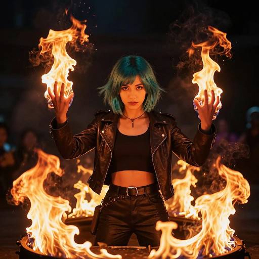 Photograph of a woman with teal hair, black leather jacket, and crop top, standing amidst fiery flames, hands raised, intense gaze.