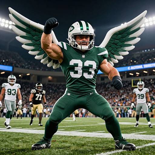 Photograph of muscular Green Bay Packers player with green wings, number 33, flexing arm in victory pose on football field.