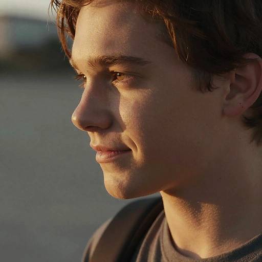 Close-up photograph of a young man with fair skin, brown hair, and a slight smile, illuminated by warm sunlight, wearing a gray shirt, with