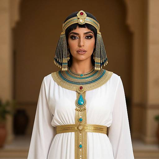Photorealistic digital art of a Middle Eastern woman in traditional white robe with gold and turquoise jewelry, black hair adorned with gold and pearl headpiece,