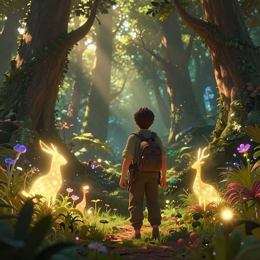 Digital art of a child with a backpack, standing in a enchanted forest, surrounded by glowing fireflies and vibrant flowers. Sunbeams filter through the