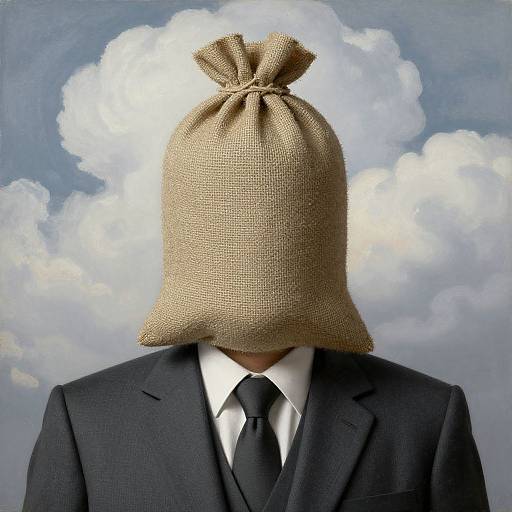 Photograph of a man in a black suit and tie, with a burlap sack covering his head, set against a cloudy sky background.