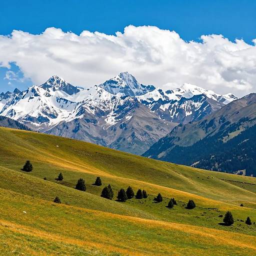 Photograph of a vivid mountain landscape with snow-capped peaks under a bright blue sky with white clouds, green and yellow rolling hills, and scattered dark