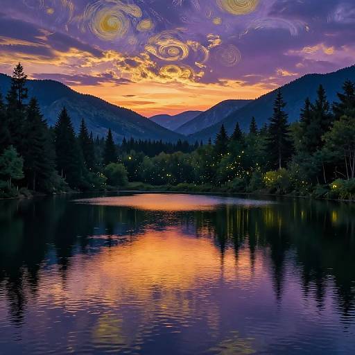Photograph of a vibrant sunset over a reflective lake, surrounded by dark pine trees and mountains, with swirling, colorful clouds and glowing lights in the distance