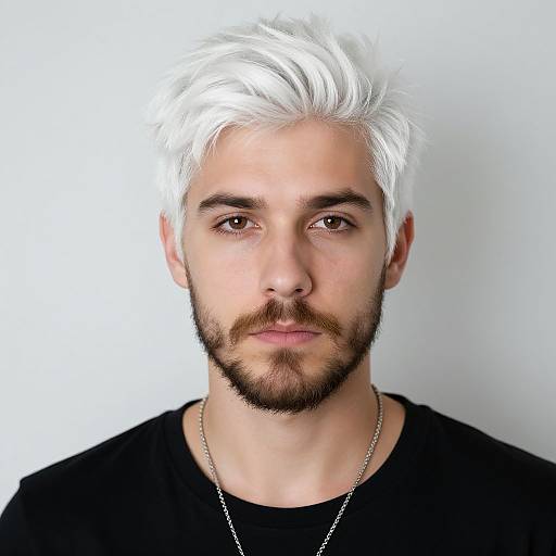 Photograph of a young man with white, spiky hair and a short beard, wearing a black shirt and silver chain, against a white background.