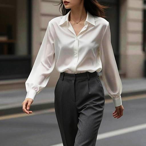 Photograph of a woman with long dark hair, wearing a white button-up shirt and high-waisted black pants, walking on a city street,