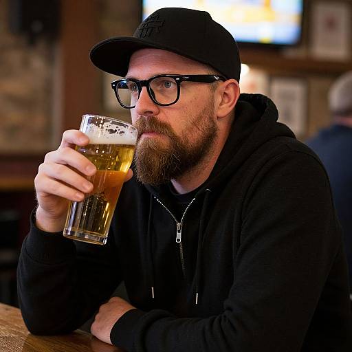 Bearded Man Drinking Lager in Sports Bar