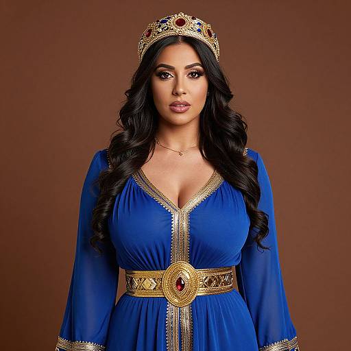 Photograph of a beautiful woman with long black hair, wearing a royal blue dress with gold trim, a jeweled crown, and a gold-belt