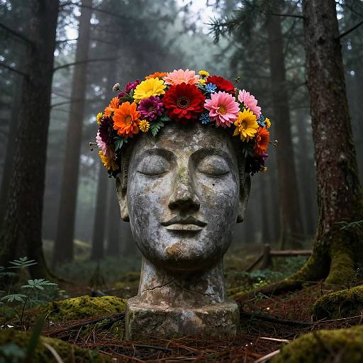 Surreal Stone Head in Mystical Forest