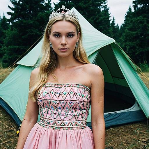 Blonde Princess in Pink Dress by Camping Tent