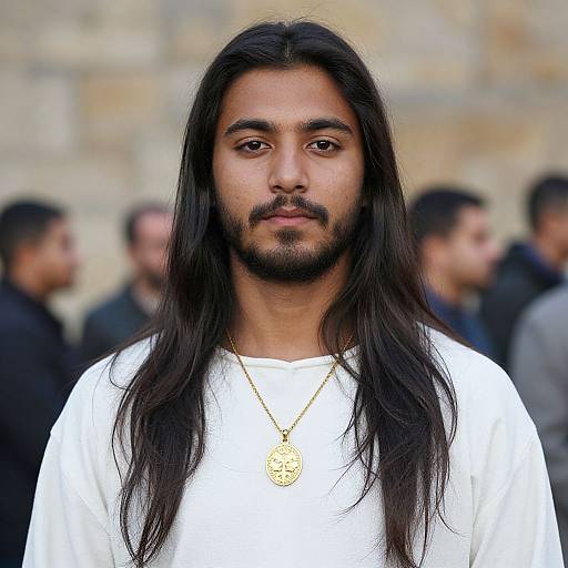 Photograph of a young South Asian man with long black hair, beard, white shirt, gold necklace, serious expression, blurred background.