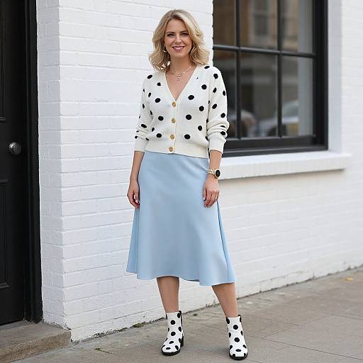 Photograph of a smiling blonde woman in a white polka dot cardigan, light blue knee-length skirt, and black-and-white cowprint boots,