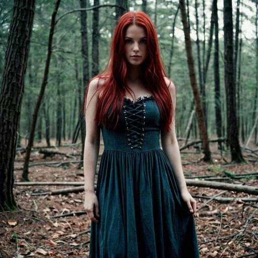 Woman in Dark Dress with Red Hair in Forest