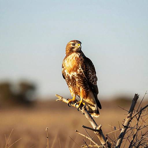Photograph of a majestic hawk with brown and white feathered plumage, perched on a barren branch against a clear blue sky.