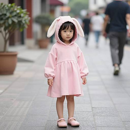 Little Girl in Pink Bunny Dress on Urban Street