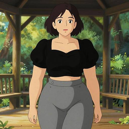 Anime-style digital drawing of a surprised young woman with short black hair, wearing a black crop top and grey high-waist pants, standing in a