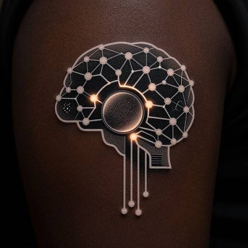Digital artwork of a neon, wireframe brain with glowing nodes and connections on a dark brown textured background.