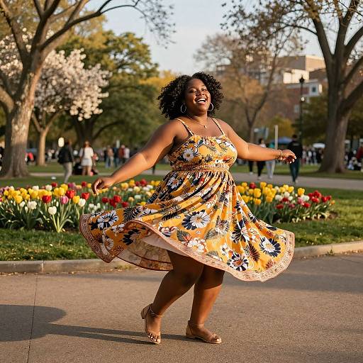 Photograph of a joyful, curvy Black woman with curly hair, wearing a floral sundress, twirling in a sunny park with blooming flowers
