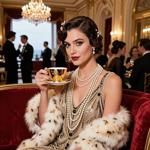 Glamorous woman with vintage bob, wearing pearl necklace, fur stole, and beaded dress, sips tea in opulent ballroom. Photograph