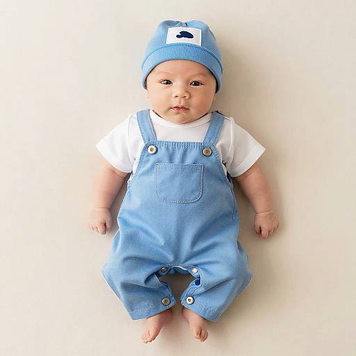 Newborn Baby in Blue Overalls and Hat
