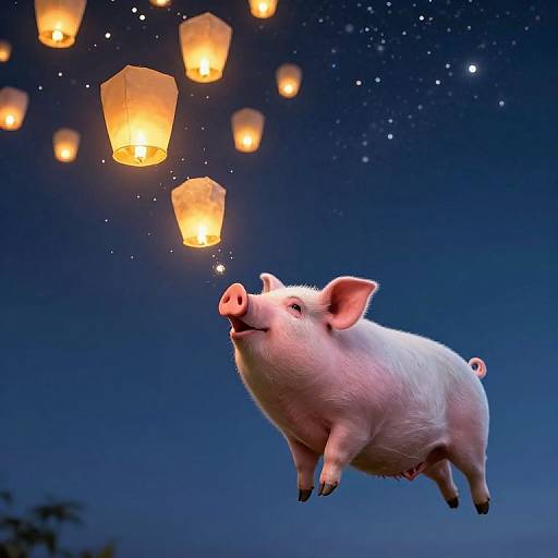 Photograph of a pink pig floating mid-air against a starry night sky, releasing glowing paper lanterns above.