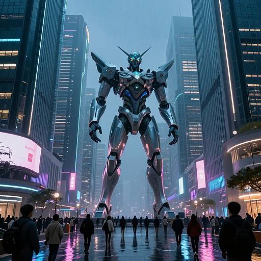 Digital artwork of a towering, metallic, robotic warrior standing in a foggy, neon-lit urban canyon, surrounded by small, silhouetted