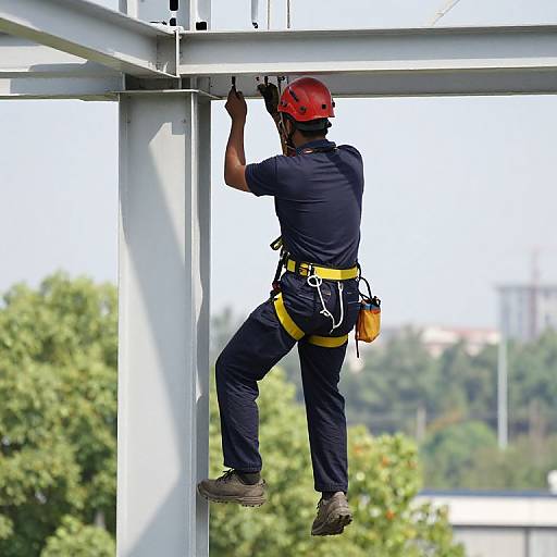 Photograph of a male construction worker in dark navy uniform, red helmet, yellow harness, and gloves, climbing a steel beam outdoors. Background: green