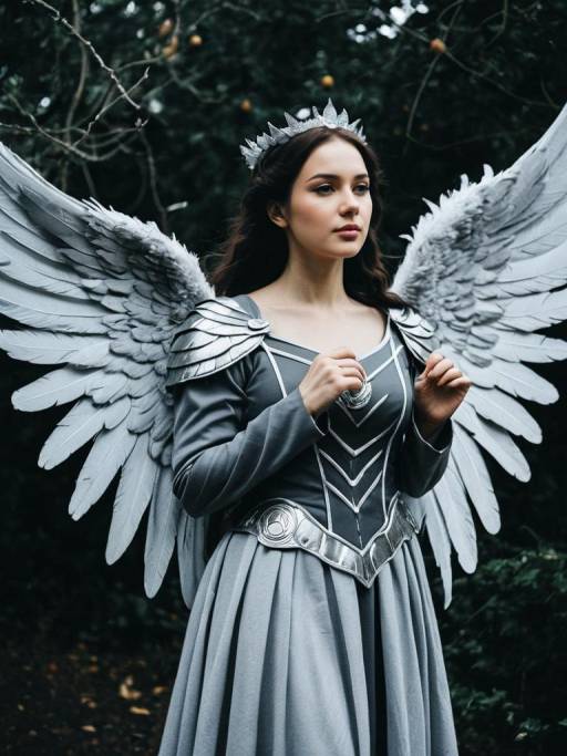 Woman in Grey Angel Wings Costume