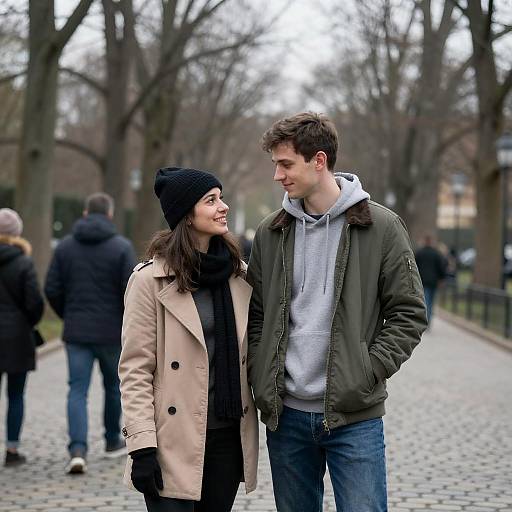 Smiling Couple on Cobblestone Park Path