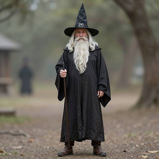 Photograph of a white-bearded, elderly man in a black wizard hat and robe, holding a staff, standing in a foggy forest. Bl