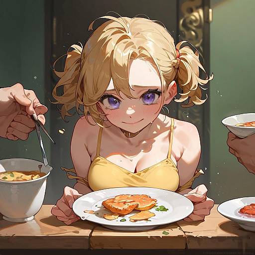 Girl Holding Empty Plate, Tearful Expression