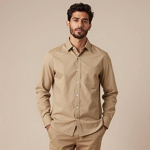 Young Man in Tan Shirt and Pants