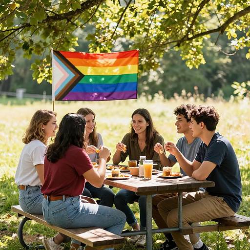 Photograph of five diverse young adults, laughing and eating at a picnic table under a tree with a rainbow flag, sunlight filtering through leaves, bright summer
