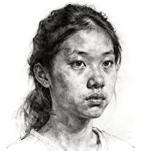 Black and white digital sketch of a young Asian woman with soft features, dark hair, and a neutral expression, set against a white background. Realistic