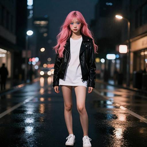 Realistic Girl on Rainy City Street