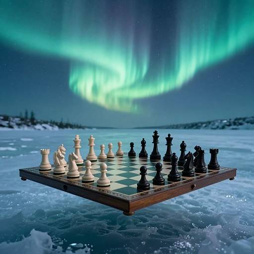 Photograph of a chessboard floating on icy water, with black and white pieces, under a mesmerizing display of green aurora borealis in a