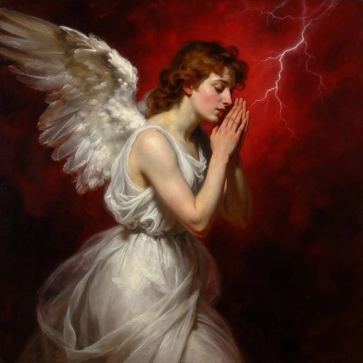 Digital painting of a winged angel with fair skin, brown hair, and a white dress, praying with hands raised against a red, lightning-filled background