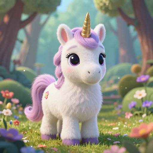 Cute Fluffy Unicorn in Fantasy Forest