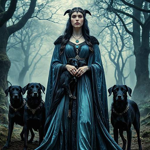 Goddess Hekate with Black Hounds in Mystical Forest